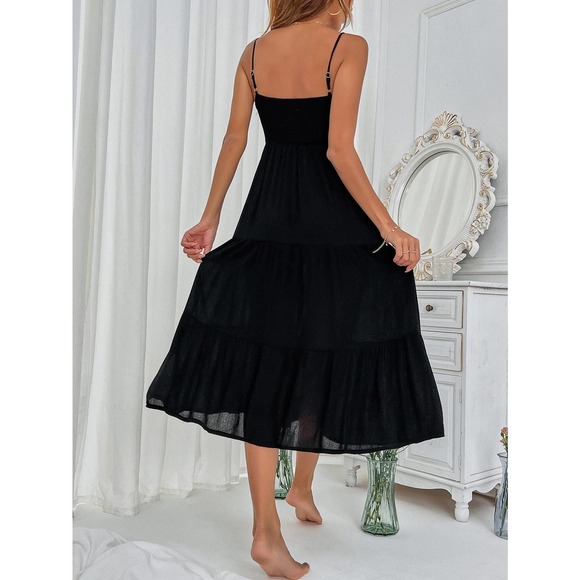minimalist Shirred bust Ruffle Hem tiered Cami midi Dress black - Picture 2 of 3